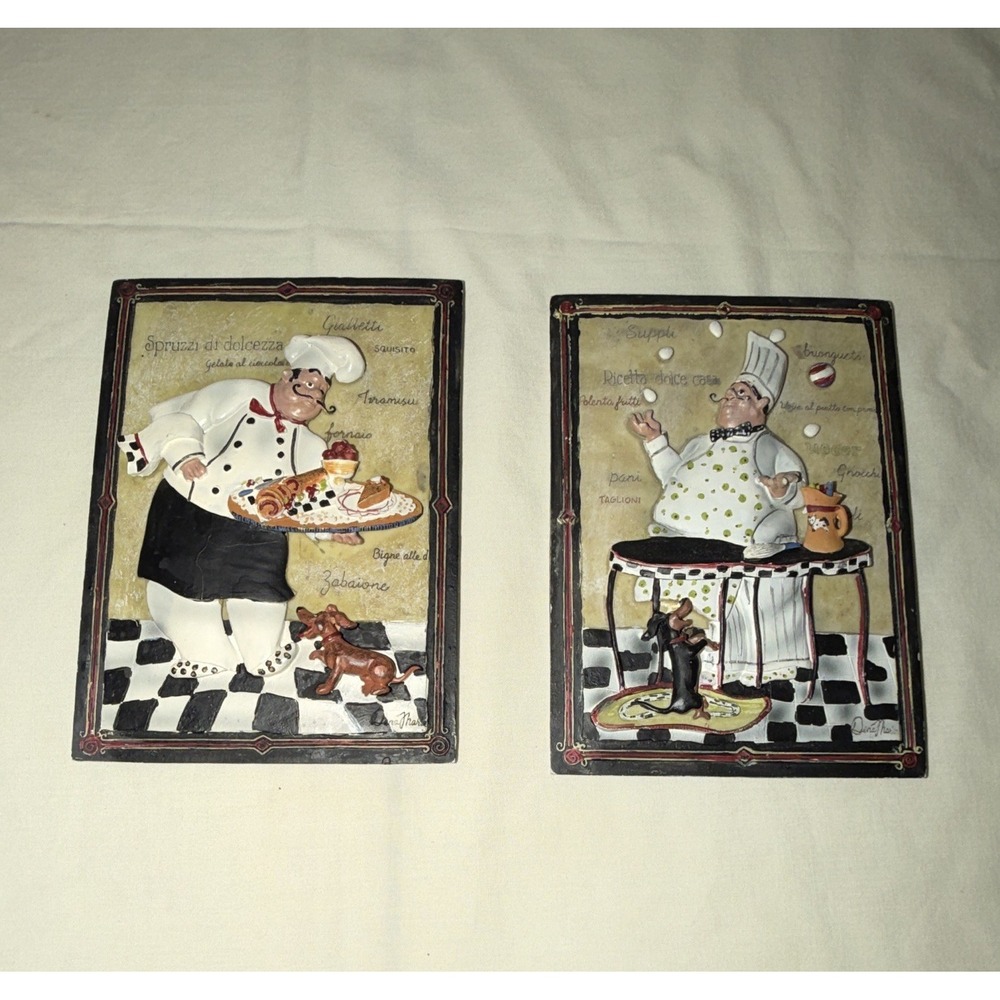 Set of 2 Chef Kitchen Wall Plaques 3D Relief Hanging 7x5 Multicolor